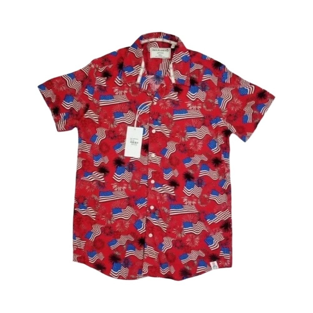 Free Planet Short Sleeve Patriotic Flag Red Button Down Shirt NWT Size XS